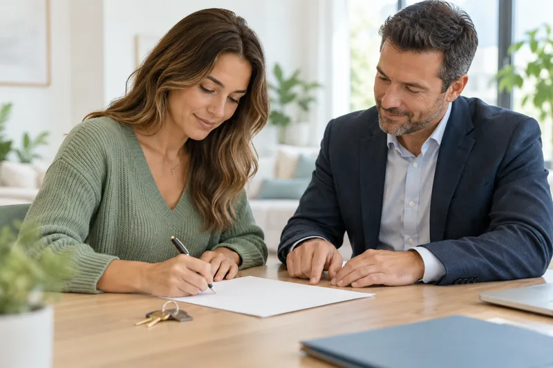 A homebuyer and closing agent at a bright real-estate meeting table