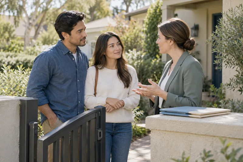 A couple standing at a garden gate discussing a home purchase with a housing counselor