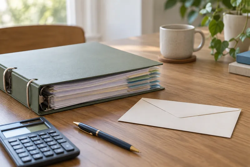 Still life of two distinct borrowing folders on a warm desk: one thick ring binder with several blank dividers