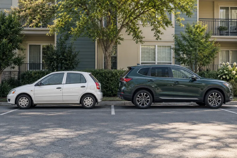 An older small white hatchback parked beside a newer dark green SUV in an ordinary apartment parking area