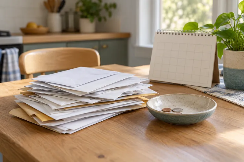 A growing untidy pile of unopened plain envelopes next to an almost empty coin dish and a simple kitchen calendar with blank squares