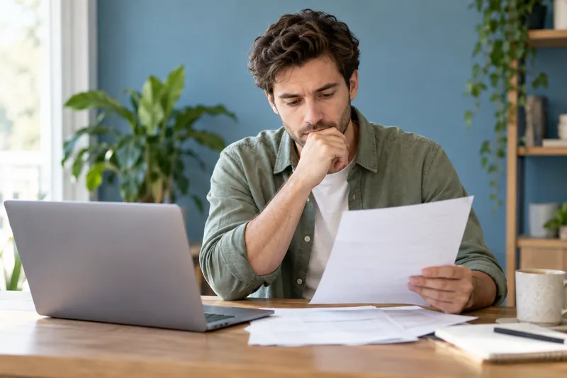 Young man thoughtfully checking financial papers with a plain laptop turned away on a small desk