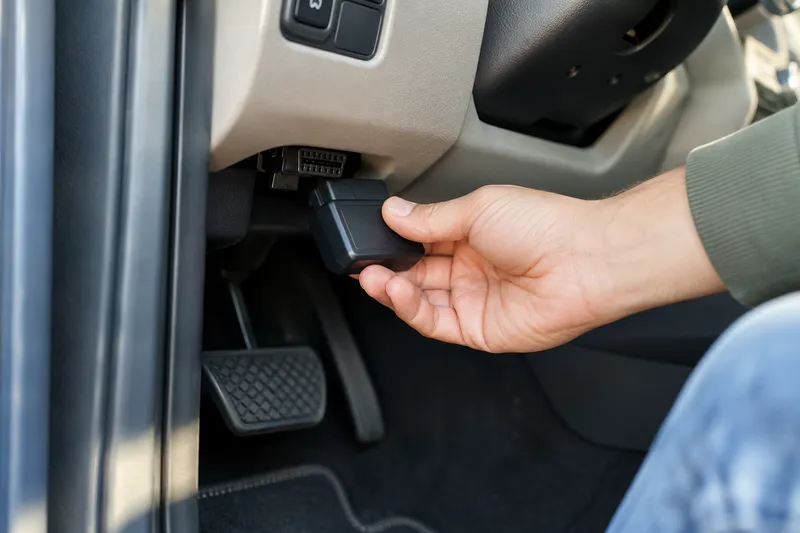 Close natural photograph of a driver's hand connecting a small generic unbranded telematics dongle beneath the dashboard of a parked car