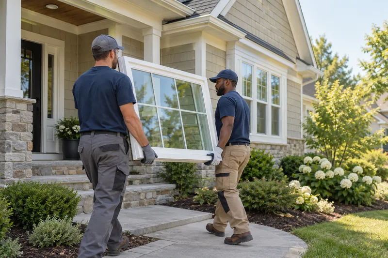 Two professional window installers carrying a new white-framed window safely toward a suburban home