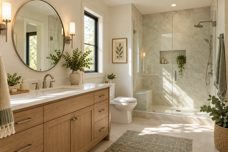 Bathroom with an oak vanity and glass walk-in shower