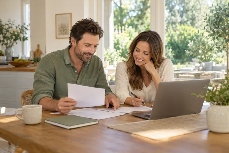 Couple reviewing household paperwork together at a kitchen table
