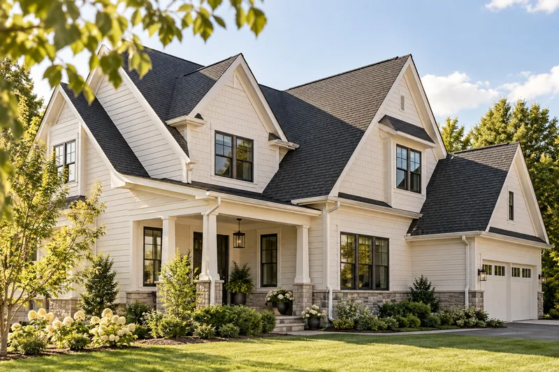 Shingle roof and gutters on a light-colored house