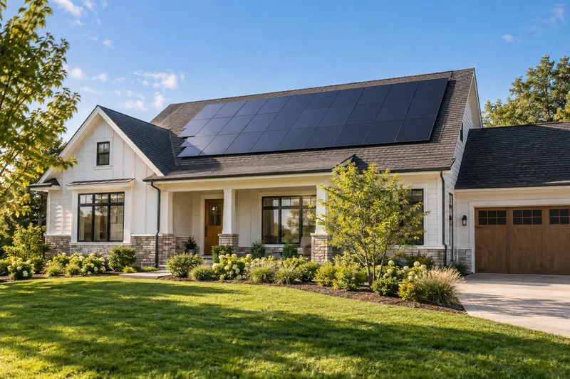 Rooftop solar panels on a suburban home